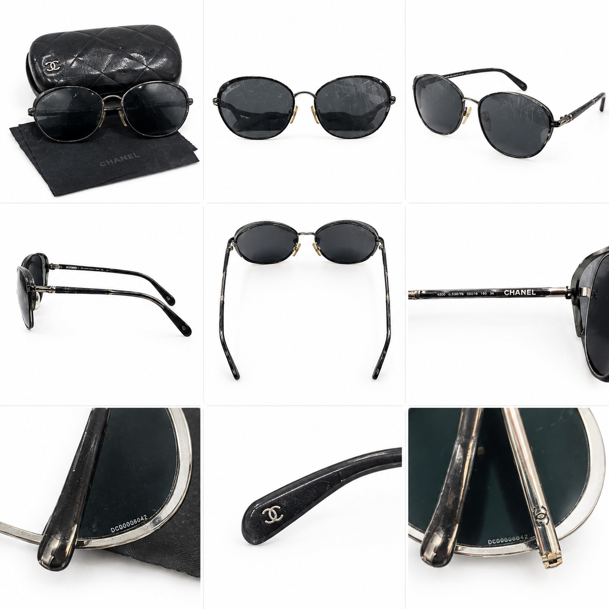 Gafas de sol Chanel negras vintage – Armazón metálico plateado – Estuche original